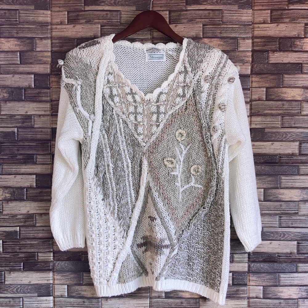 Women’s 80’s Vintage Hand Knit Large Shenanigans Ramie/Acrylic Sweater